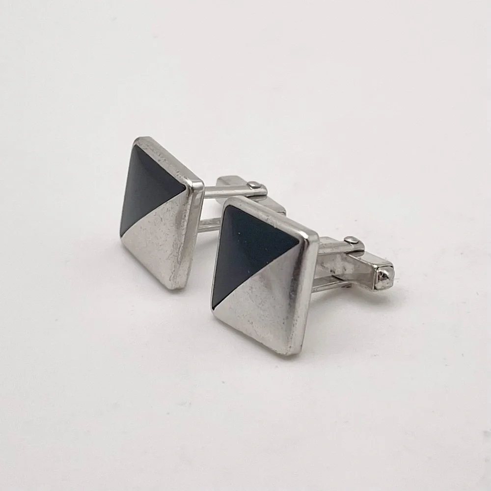 Elegant Vintage Anson Silver Tone a Black Cufflinks With Geometric Block Design